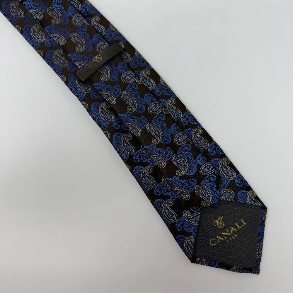 Canali Italy Mens Silk Paisley Necktie Brown Blue Silver Jacquard Classic Tie